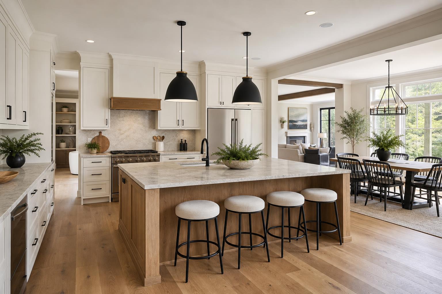 A bright modern kitchen with a large island, pendant lights, and an adjacent dining area. No people are visible.