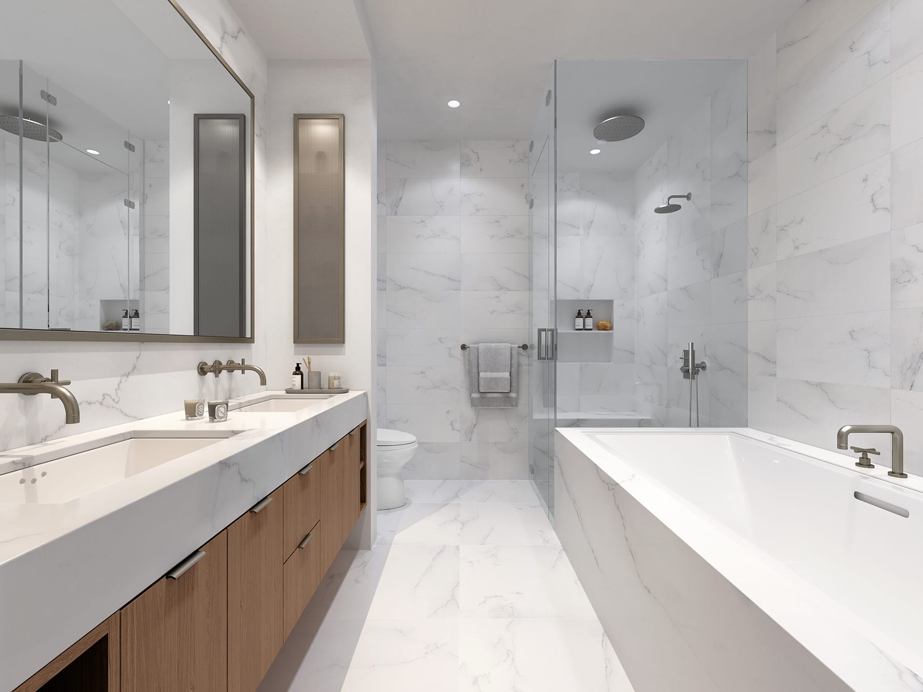 Modern interior space at 15 Jay Street, New York, showcasing stone wall and floor applications