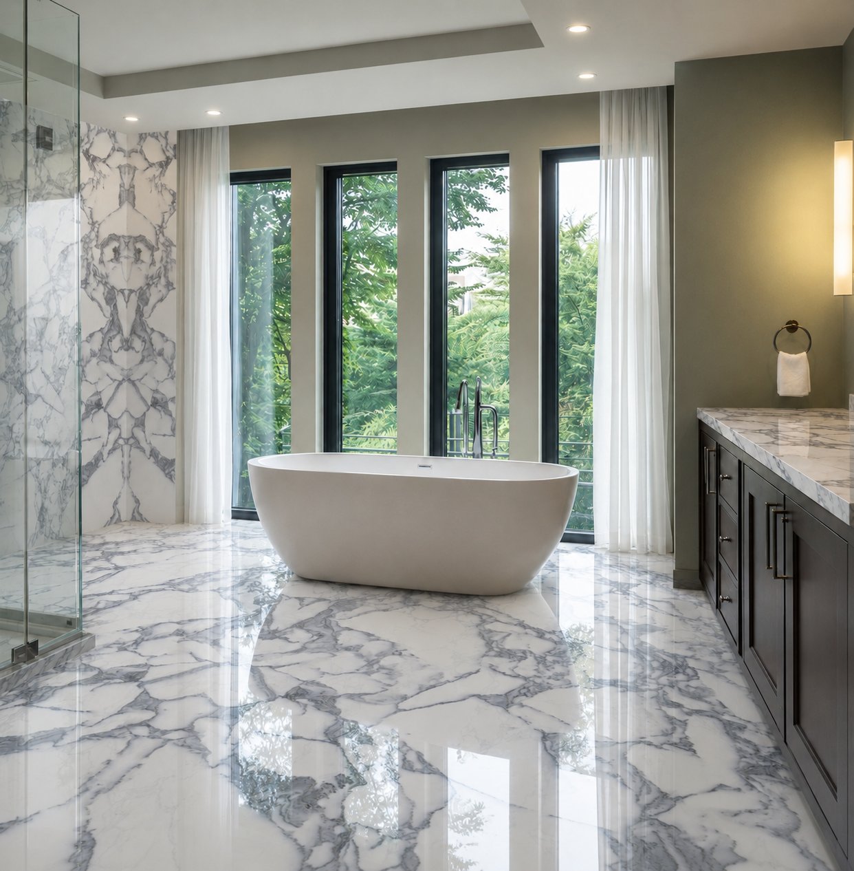 Elegant bathroom with Monte Corchia marble wall and floor tiles, freestanding tub, and modern fixtures
