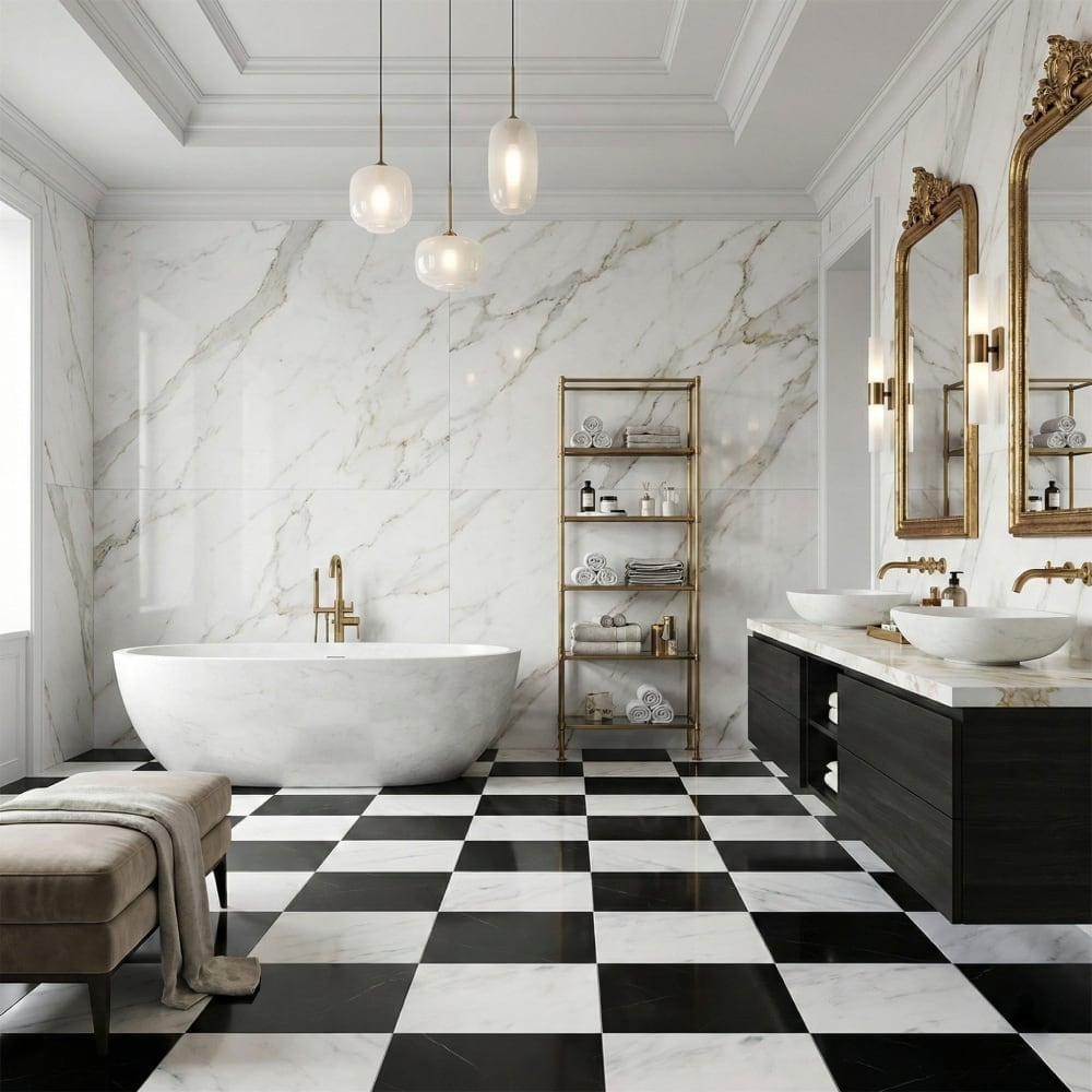 Black Calacatta Bella polished marble tiles arranged in a checkerboard pattern
