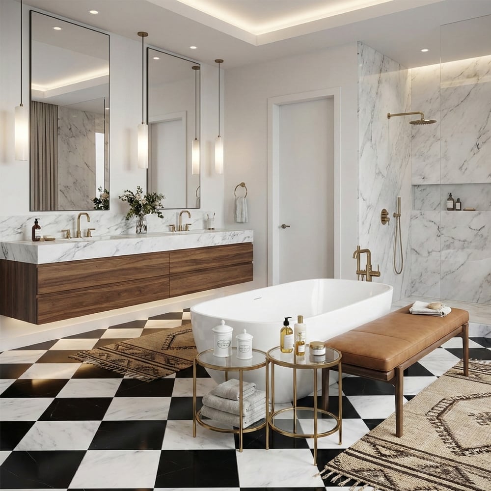 Black and white Calacatta Bella polished marble tiles in a classic checkerboard layout