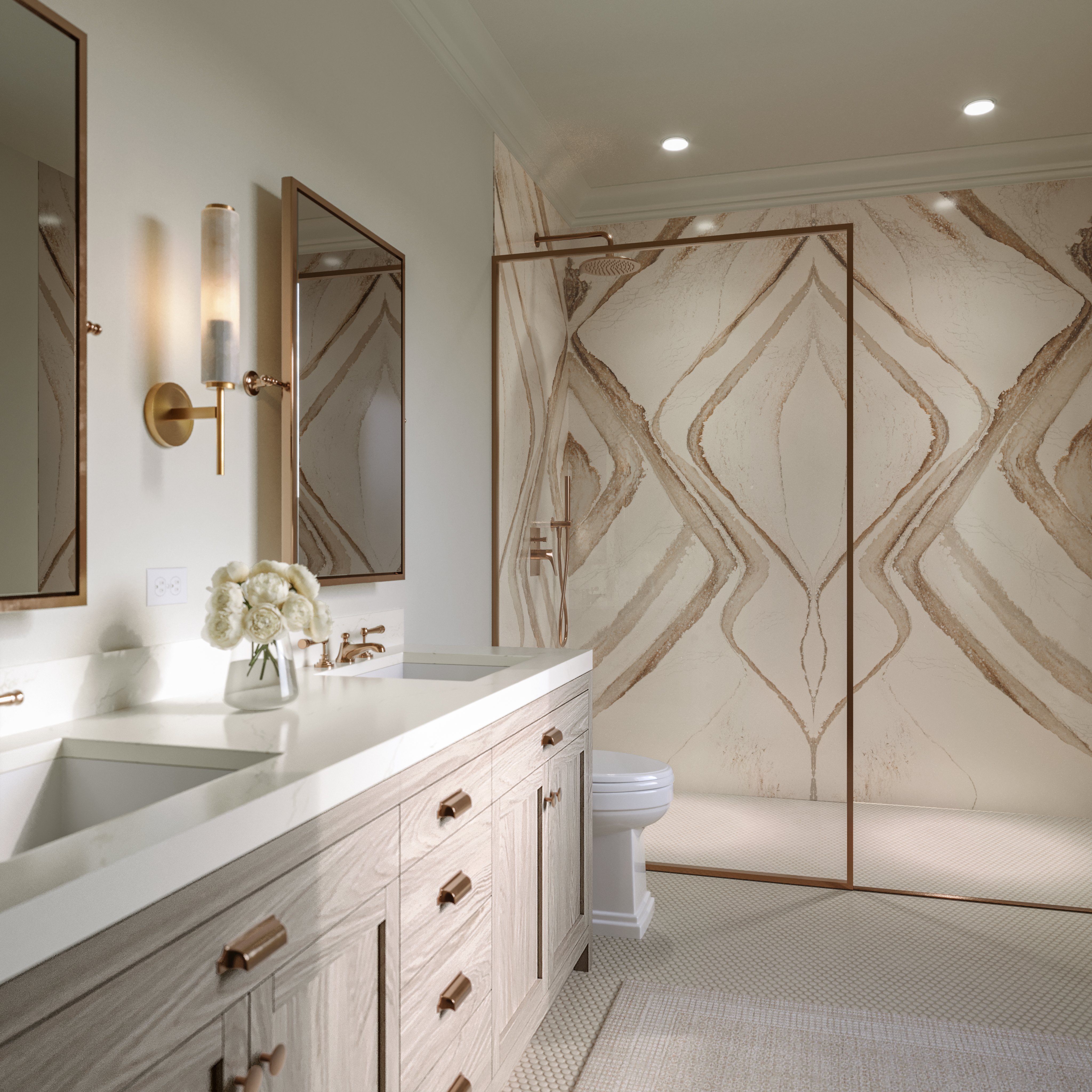 Luxurious bathroom featuring Brittanicca Gold Warm stone surfaces with gold veining and modern fixtures