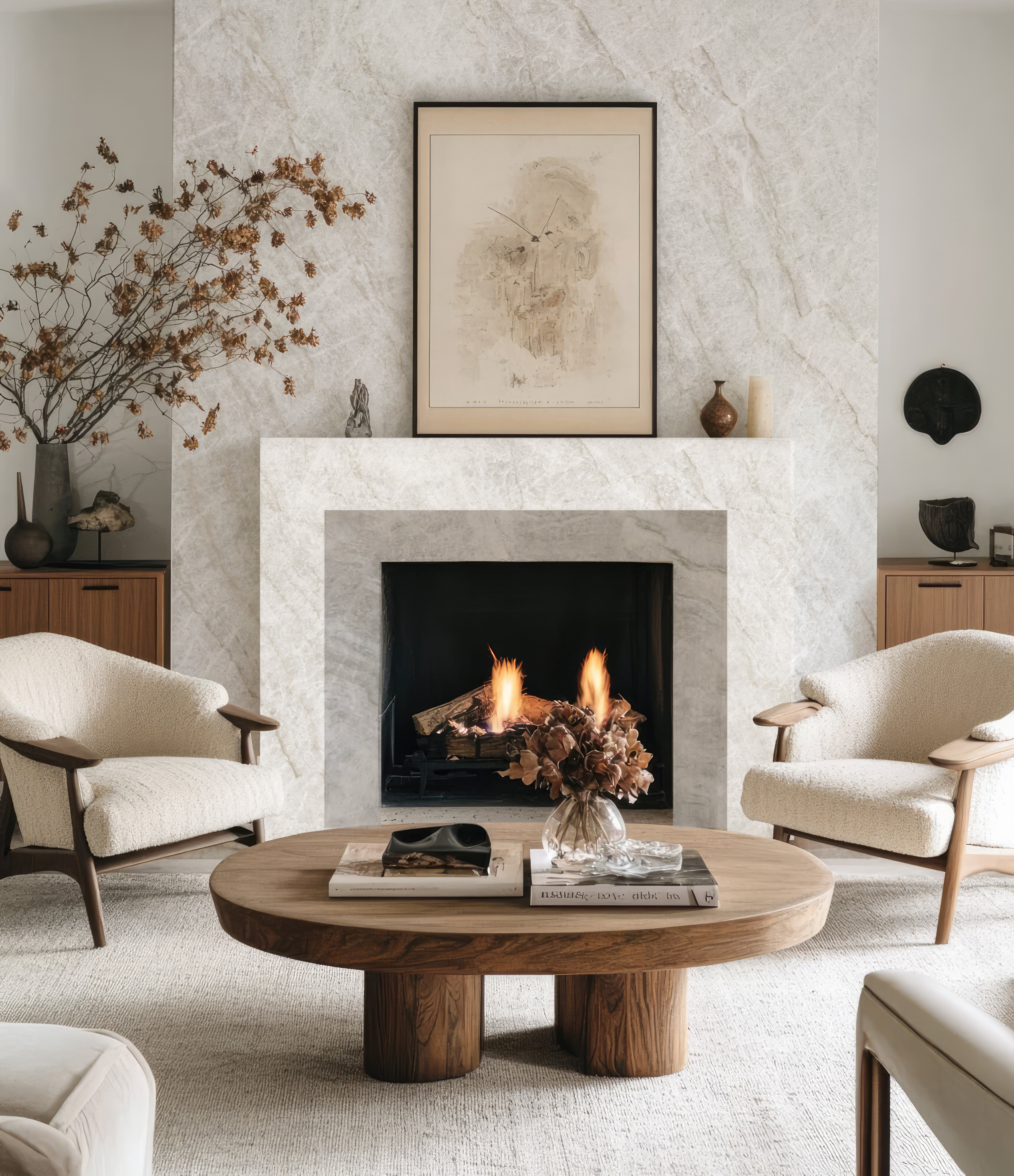 Elegant fireplace surround finished in Taj Mahal ultrasoft stone with warm neutral tones