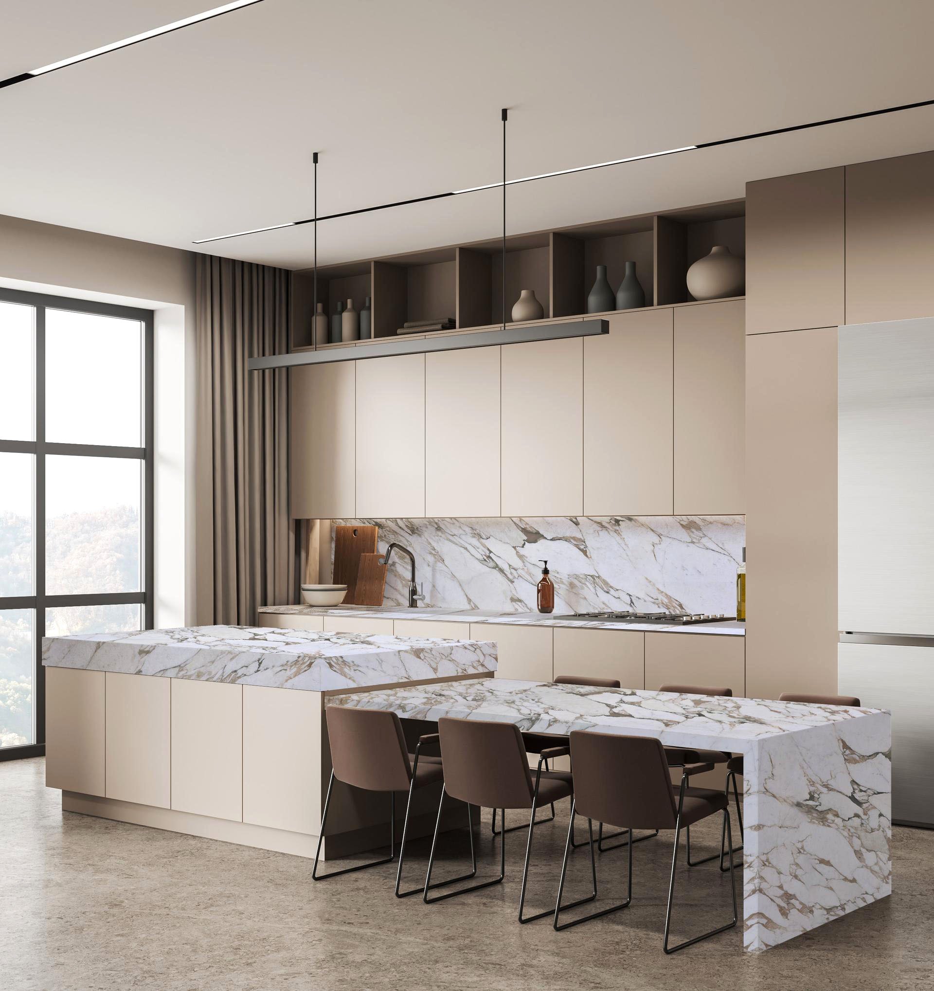 Kitchen featuring Calacatta Vagli Gold ultrasoft marble countertops and backsplash with gold veining