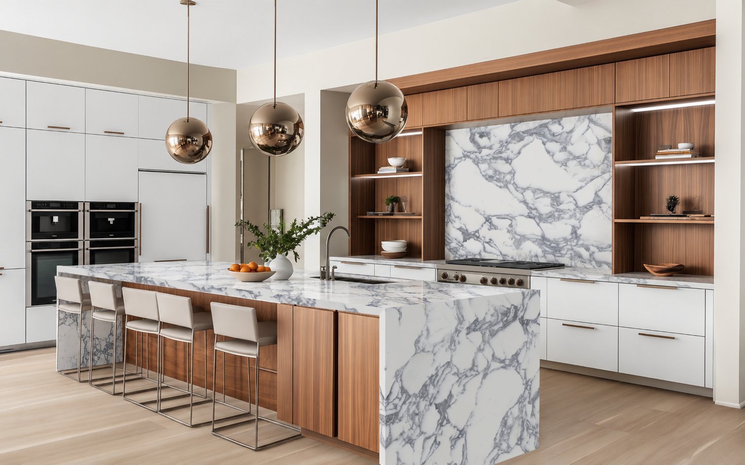 Contemporary kitchen with polished Monte Corchia marble countertops and matching backsplash