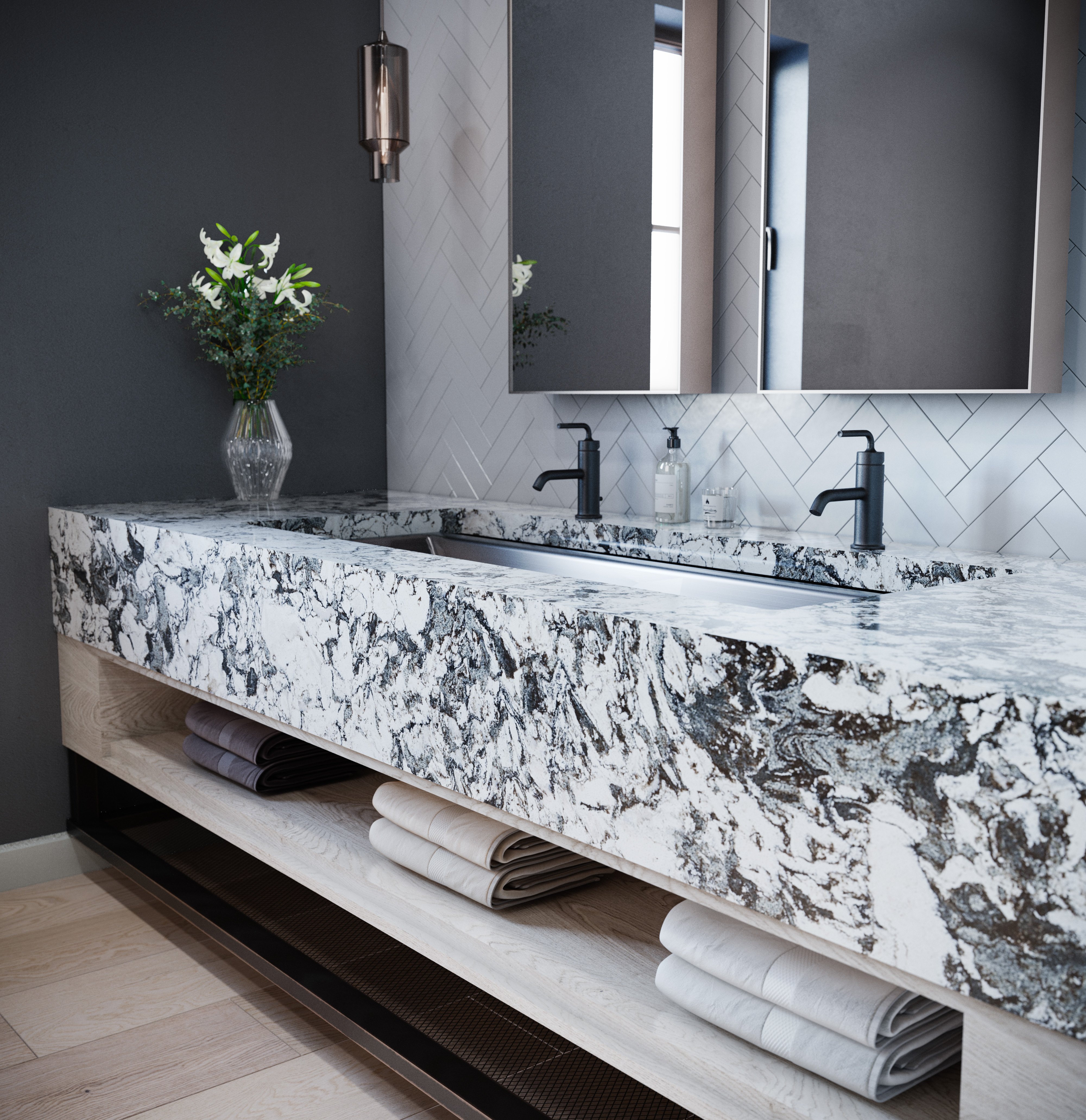 Rendered kitchen design with stone countertops, white cabinetry, and warm wood accents