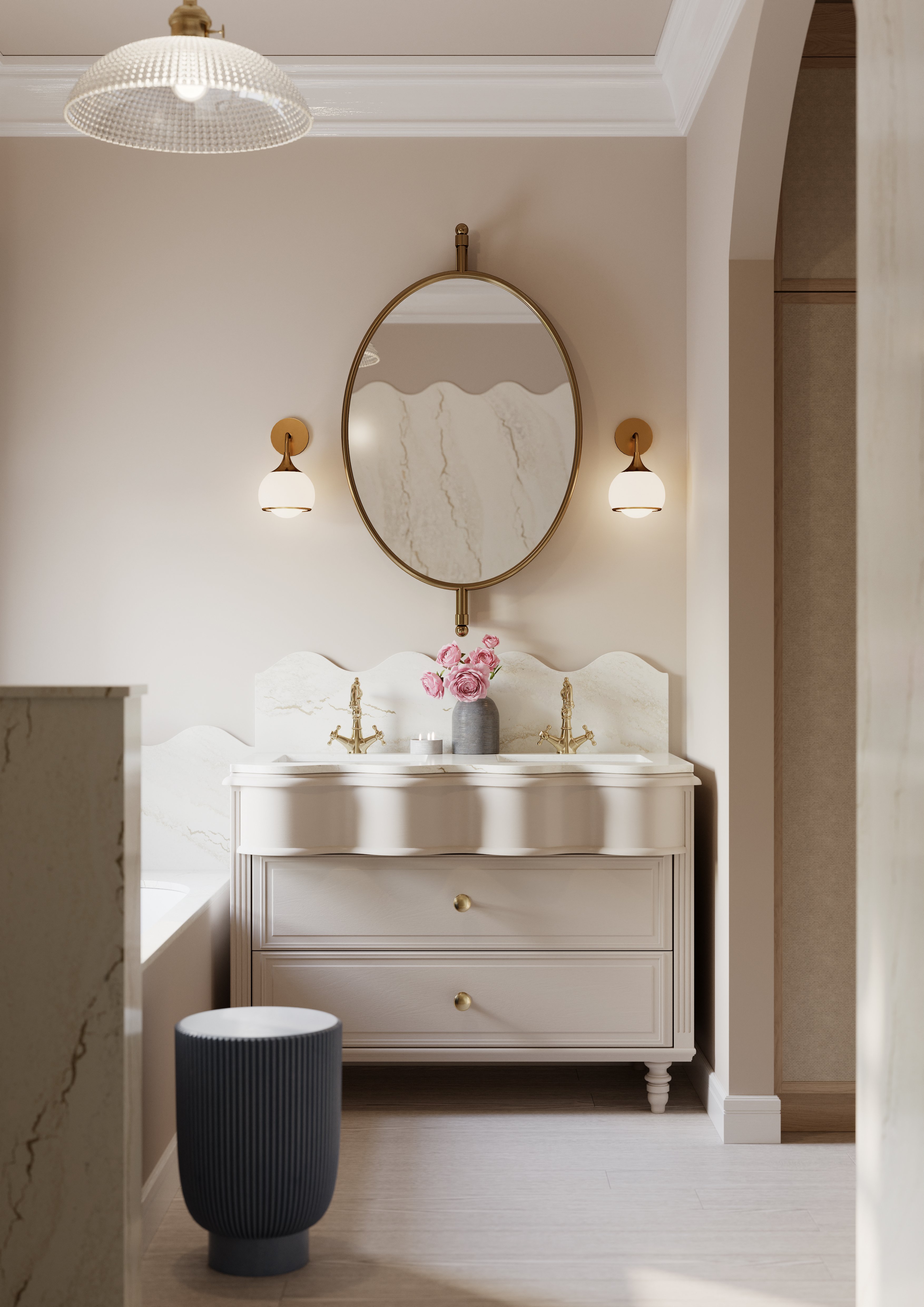 Sophisticated bathroom with Inverness Blakeley stone tiles, freestanding tub, and neutral palette