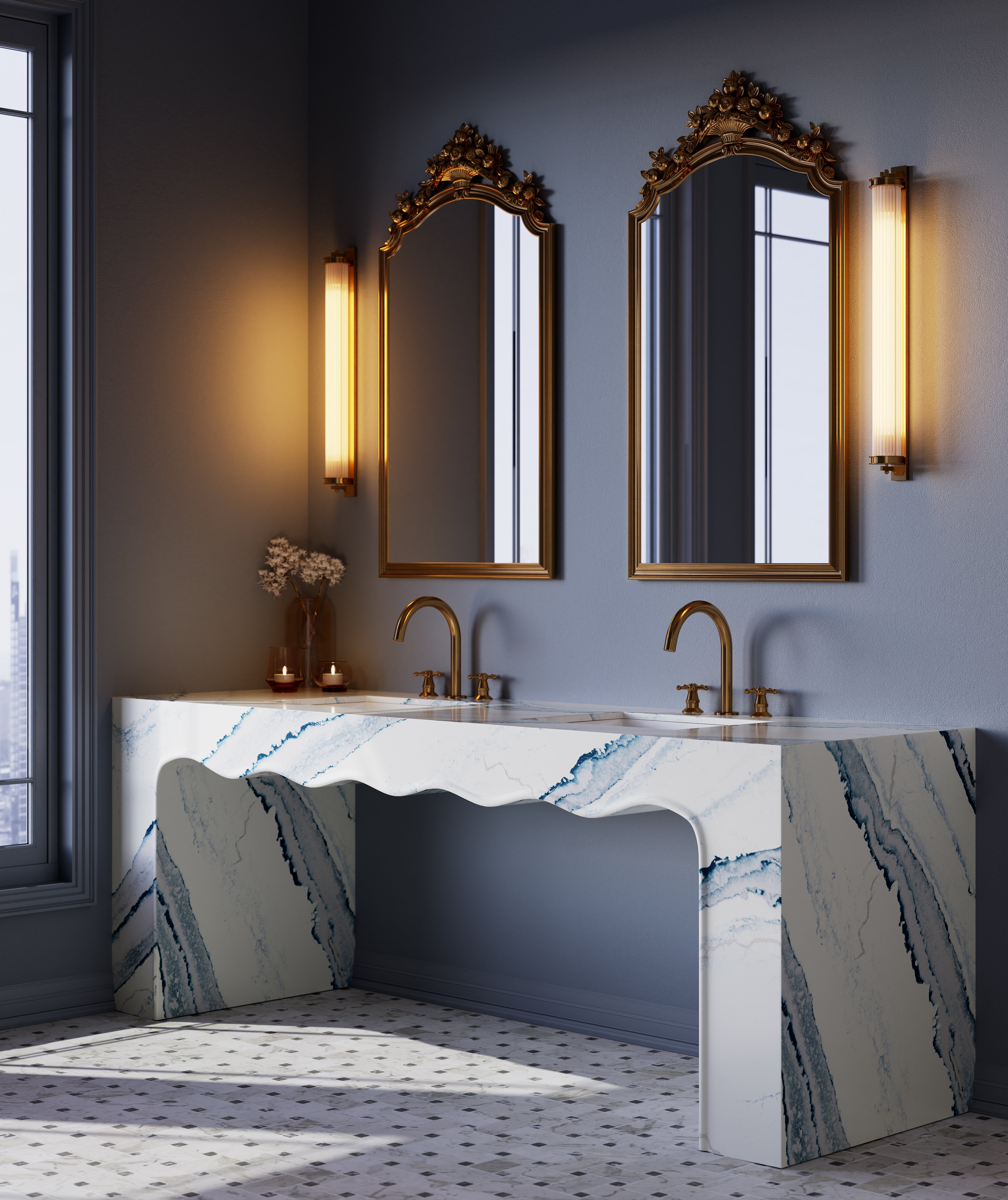 Transitional-style bathroom with Bristol Bay stone tiles, double vanity, and warm lighting