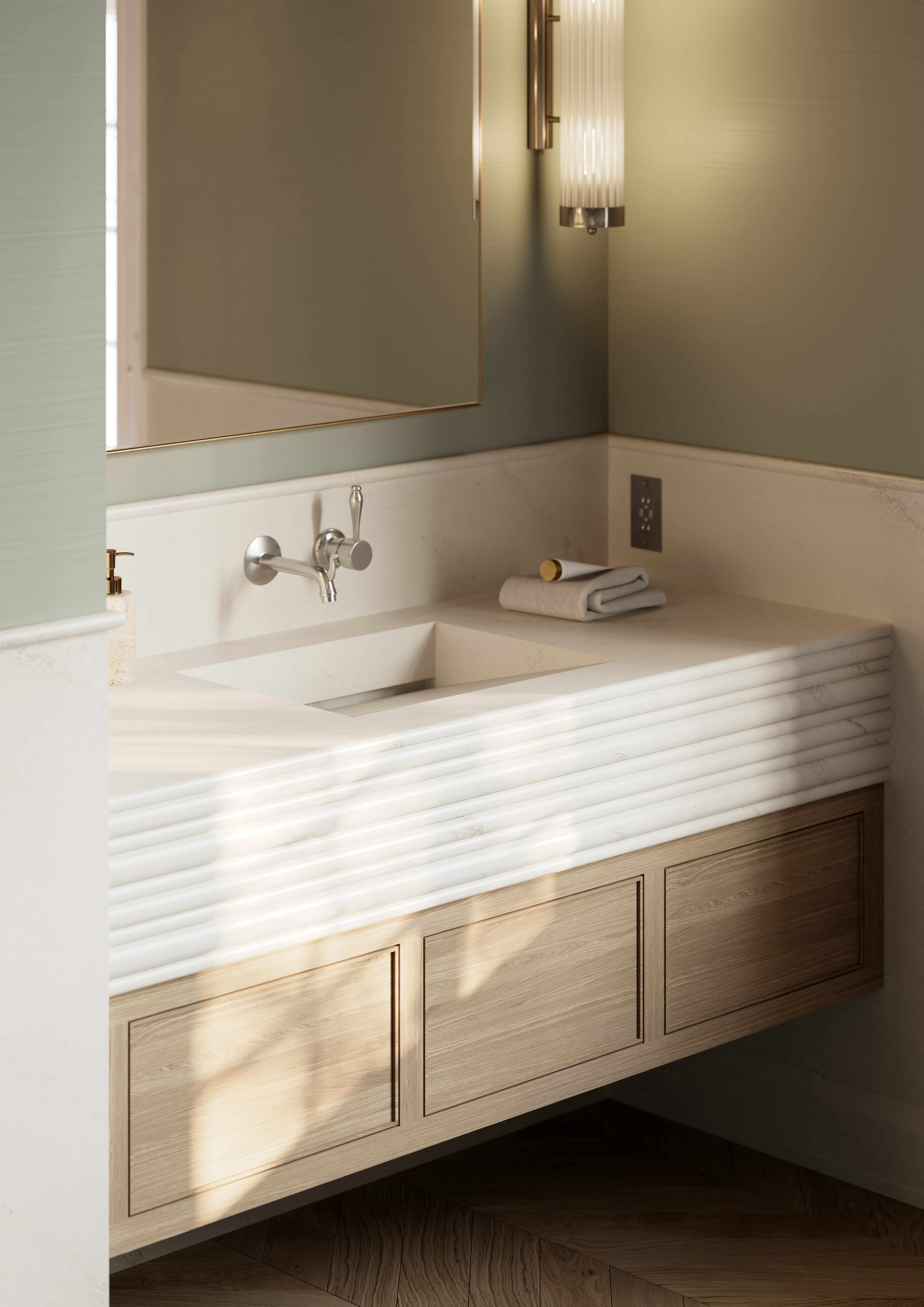 Elegant bathroom with satin-finish stone countertop, white sink, and coordinating wall tiles