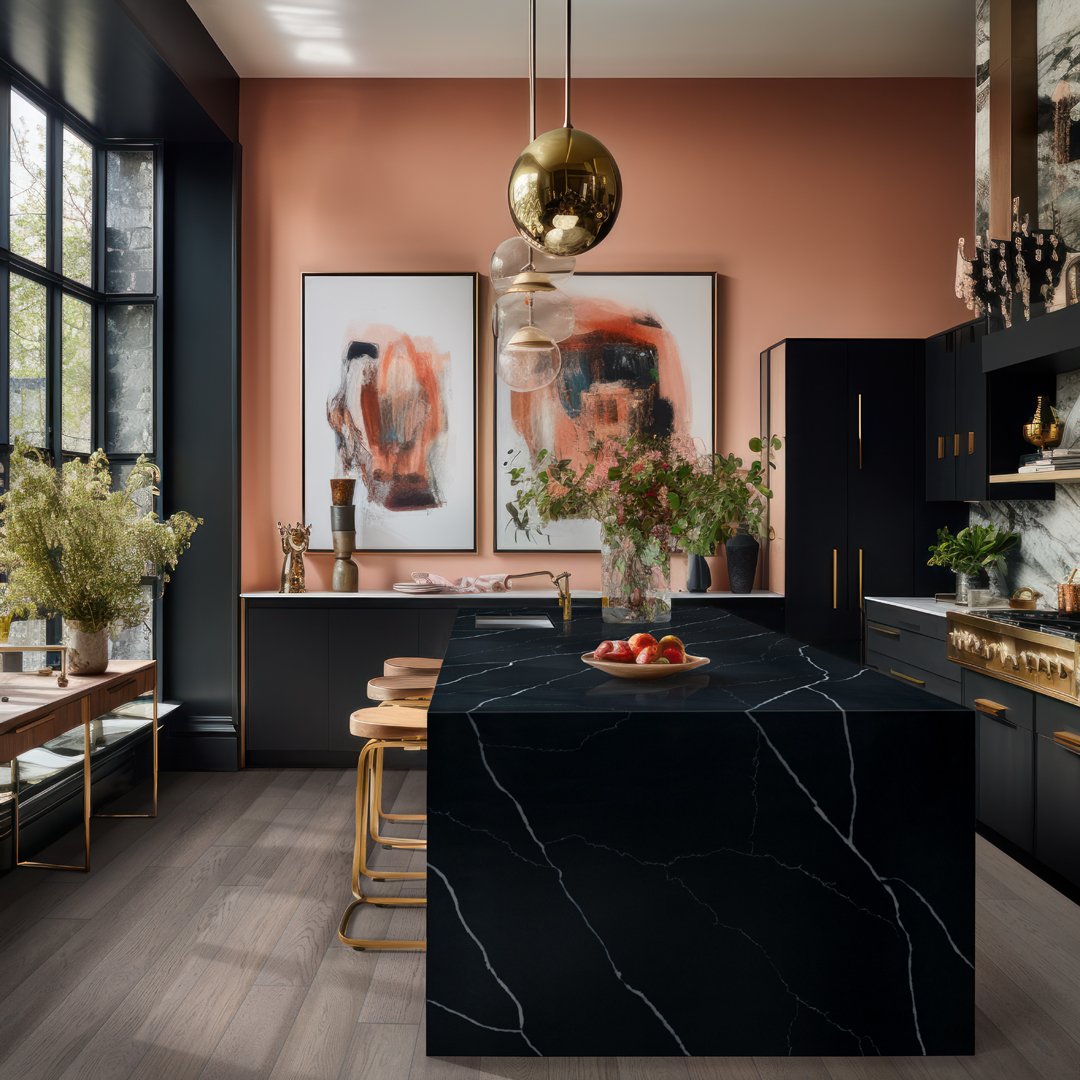 Kitchen with stone countertops and custom cabinetry