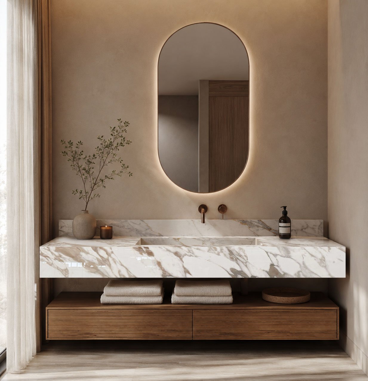 Bathroom sink area with polished Calacatta Vagli Gold marble vanity top and gold veining details