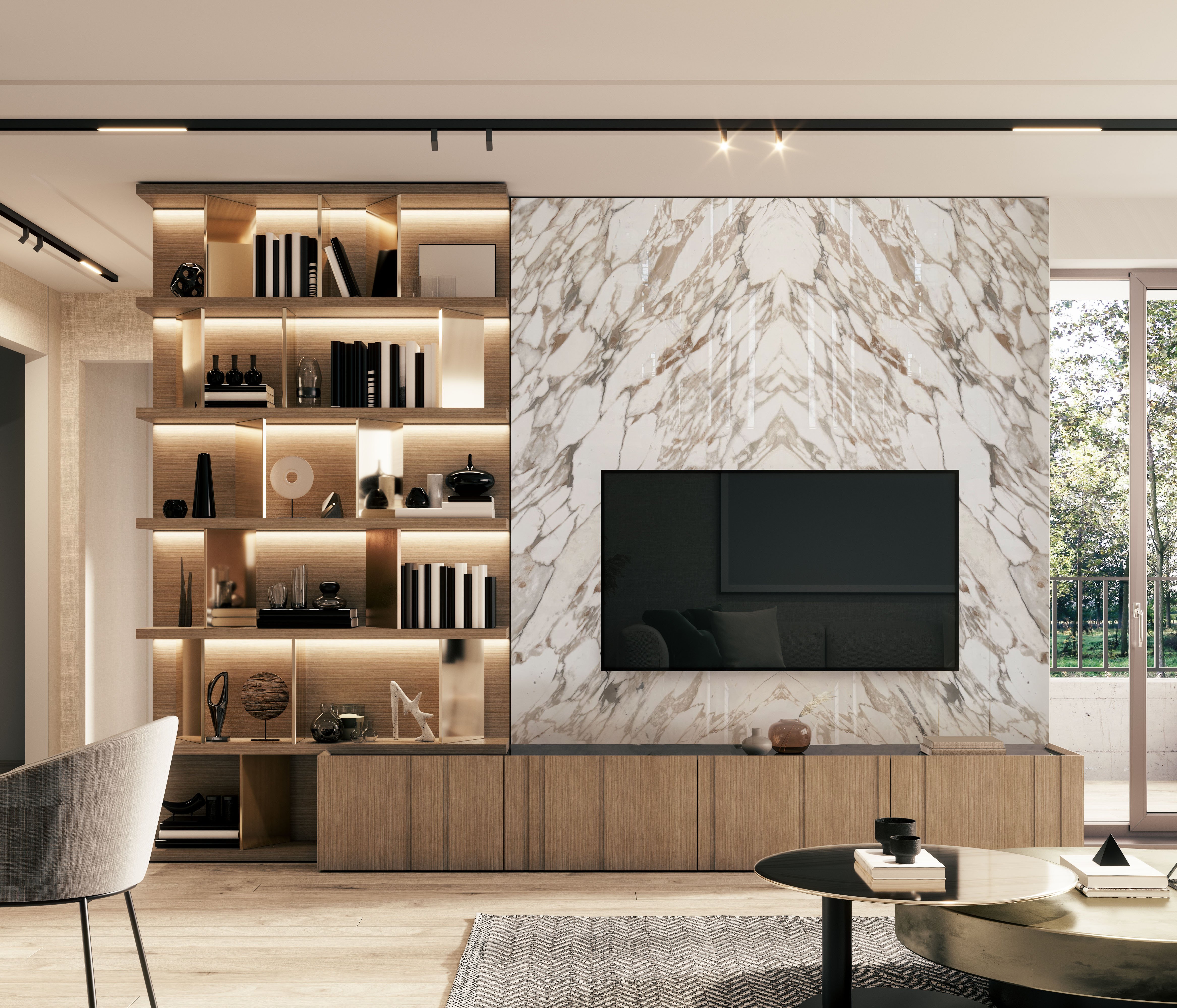 Built-in bookcase or shelving unit clad in polished Calacatta Vagli Oro marble with gold veining
