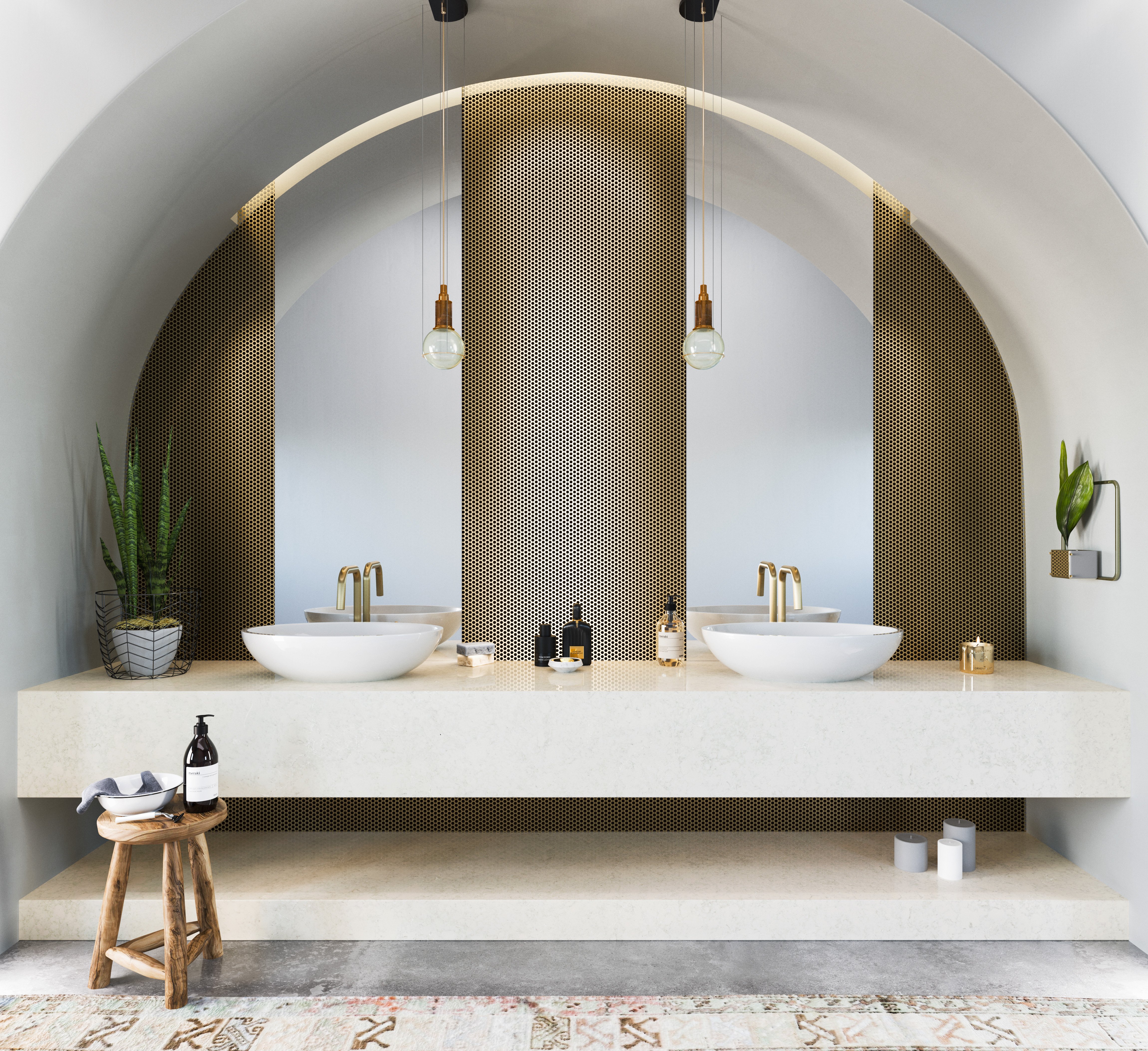 Rendered bathroom design featuring neutral stone tiles and modern fixtures
