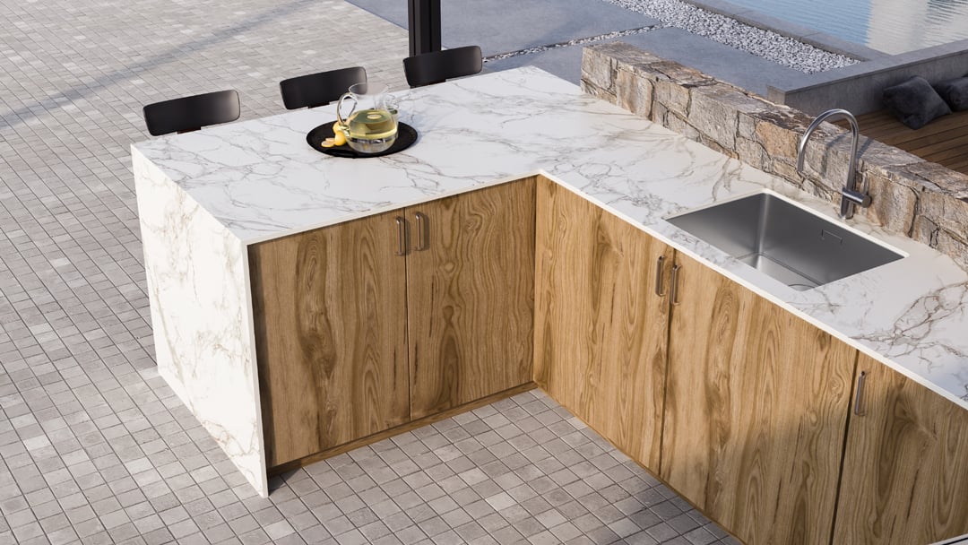 Outdoor kitchen with Dekton Entzo countertop and built-in grill area