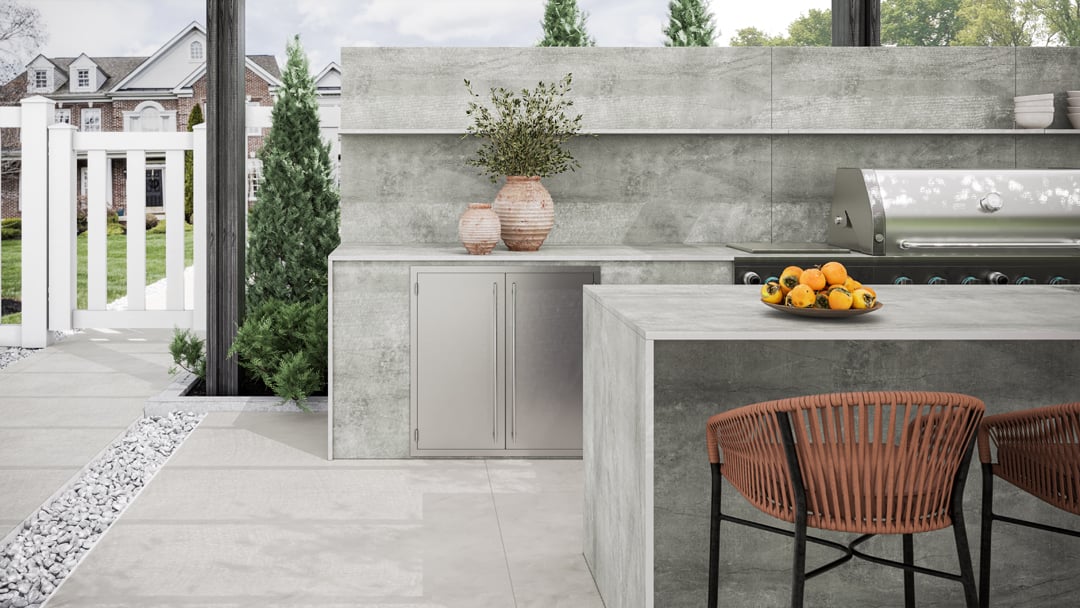 Outdoor kitchen with Dekton Soke surface countertop and built-in grill