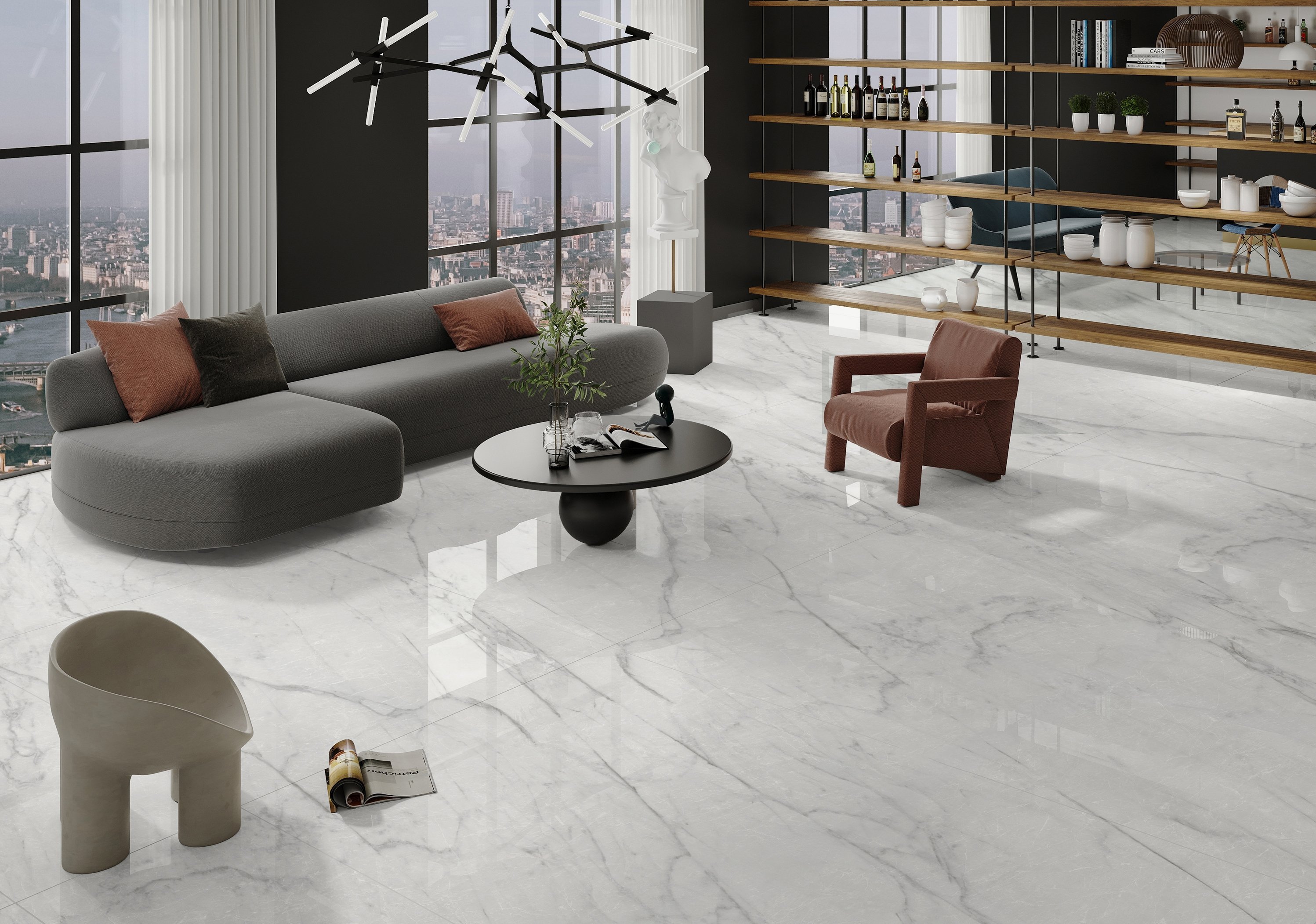 Polished Calacatta Caldia marble floor with white and grey veining in an open interior space