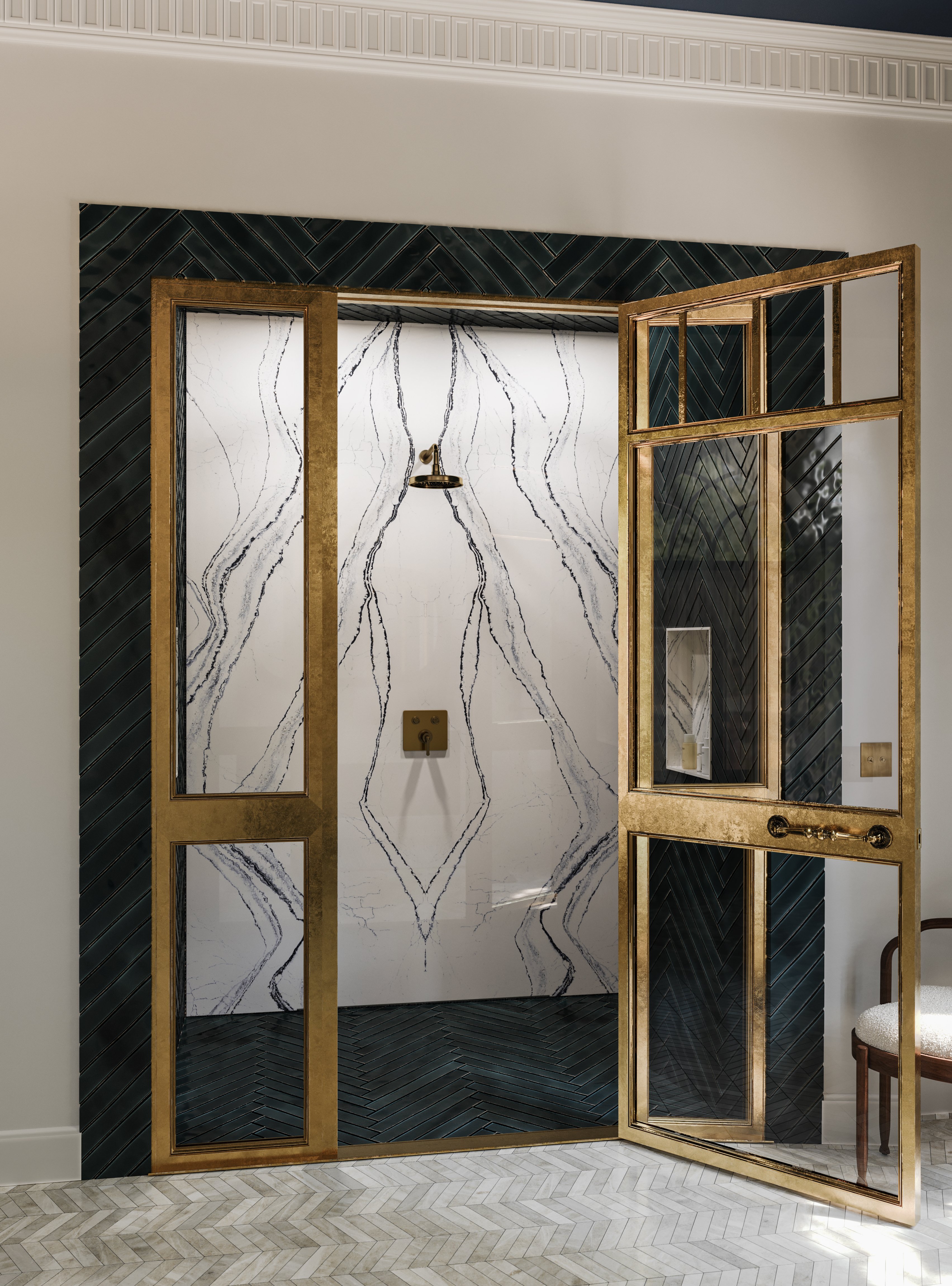 Spa-like bathroom with matte Portrush stone tile walls and floors, soaking tub, and natural light