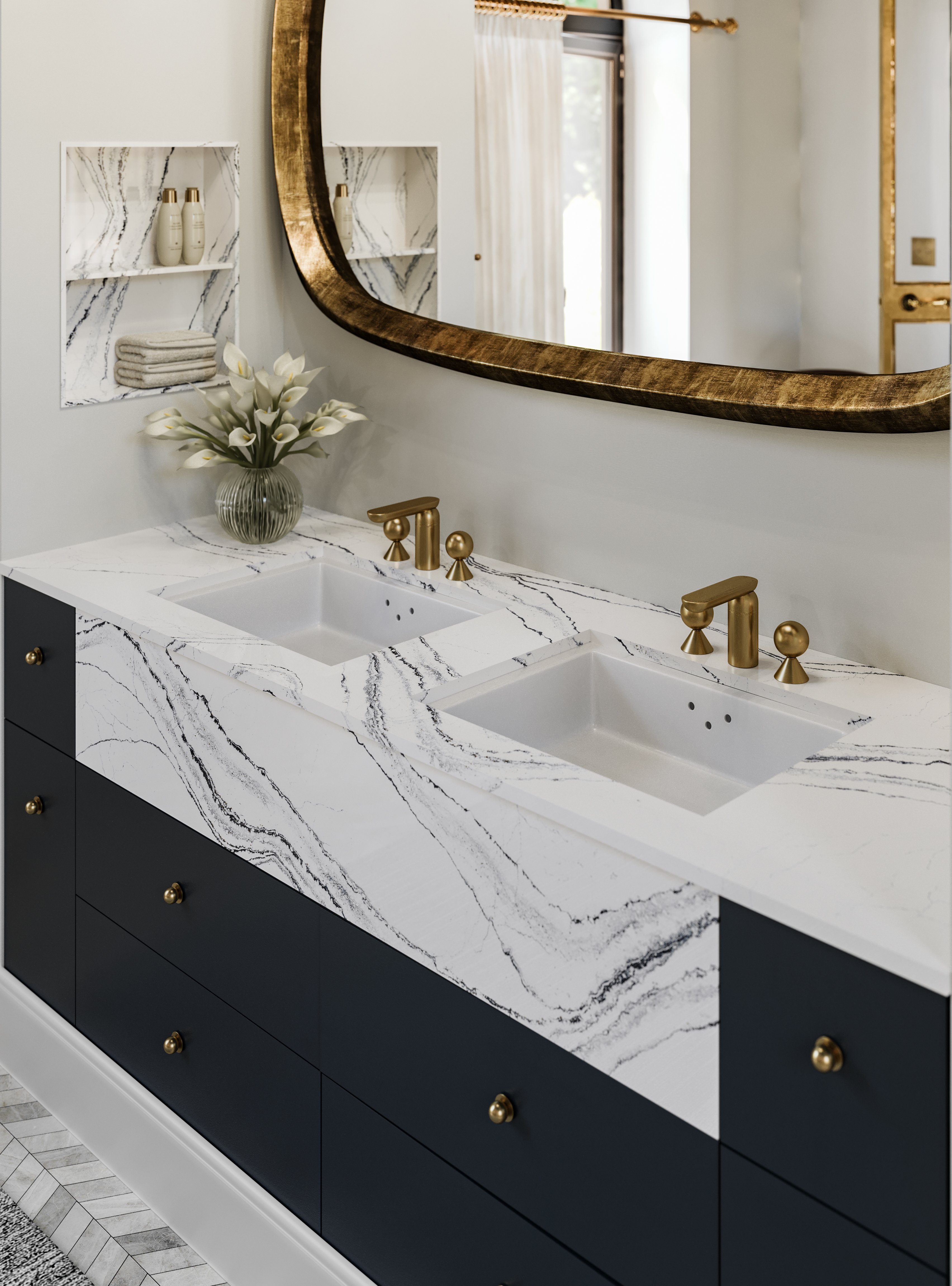 Modern bathroom with matte finish stone tiles, freestanding tub, and minimalist design