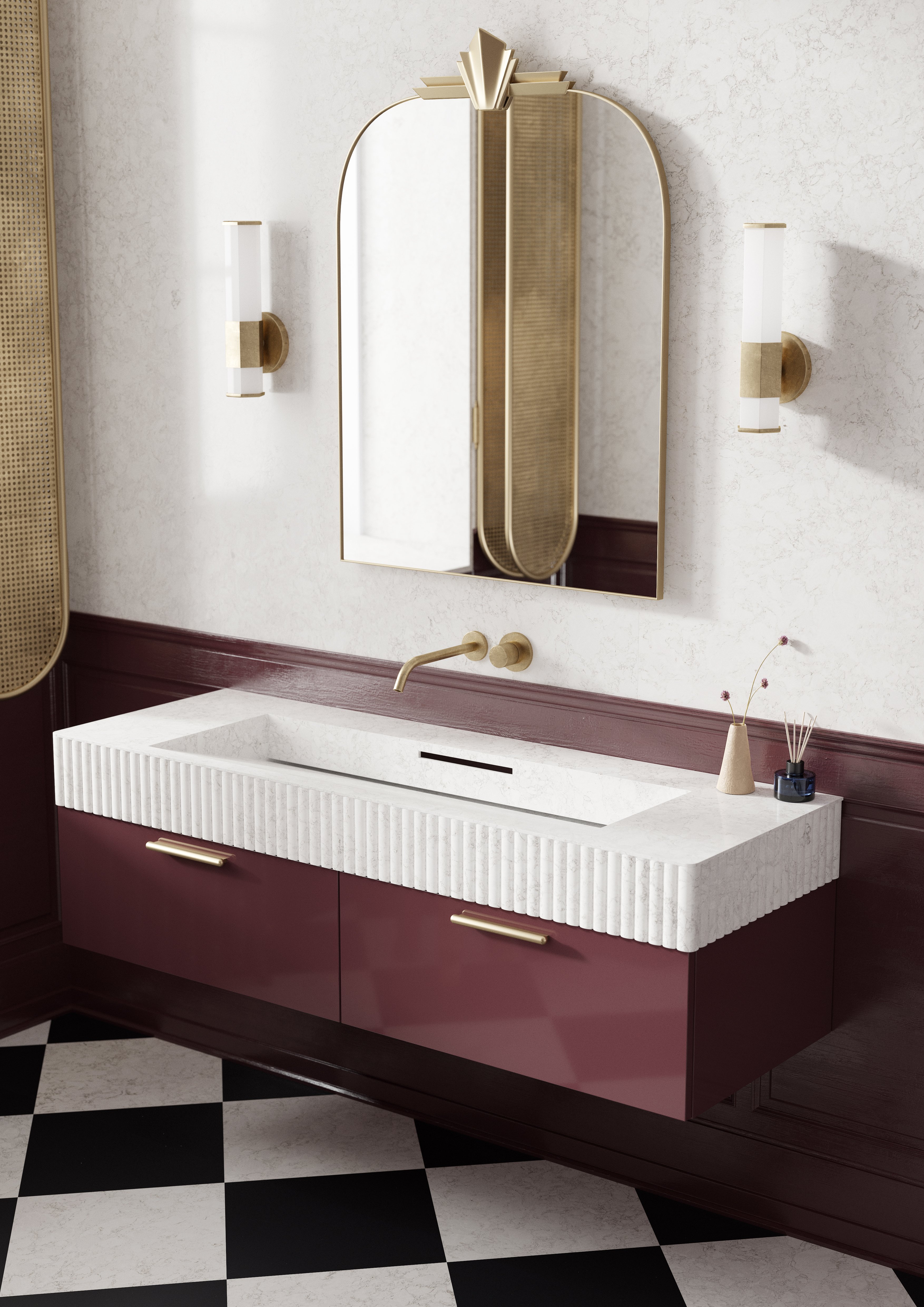 Bright bathroom design with light stone tiles, double vanity, and large mirrors