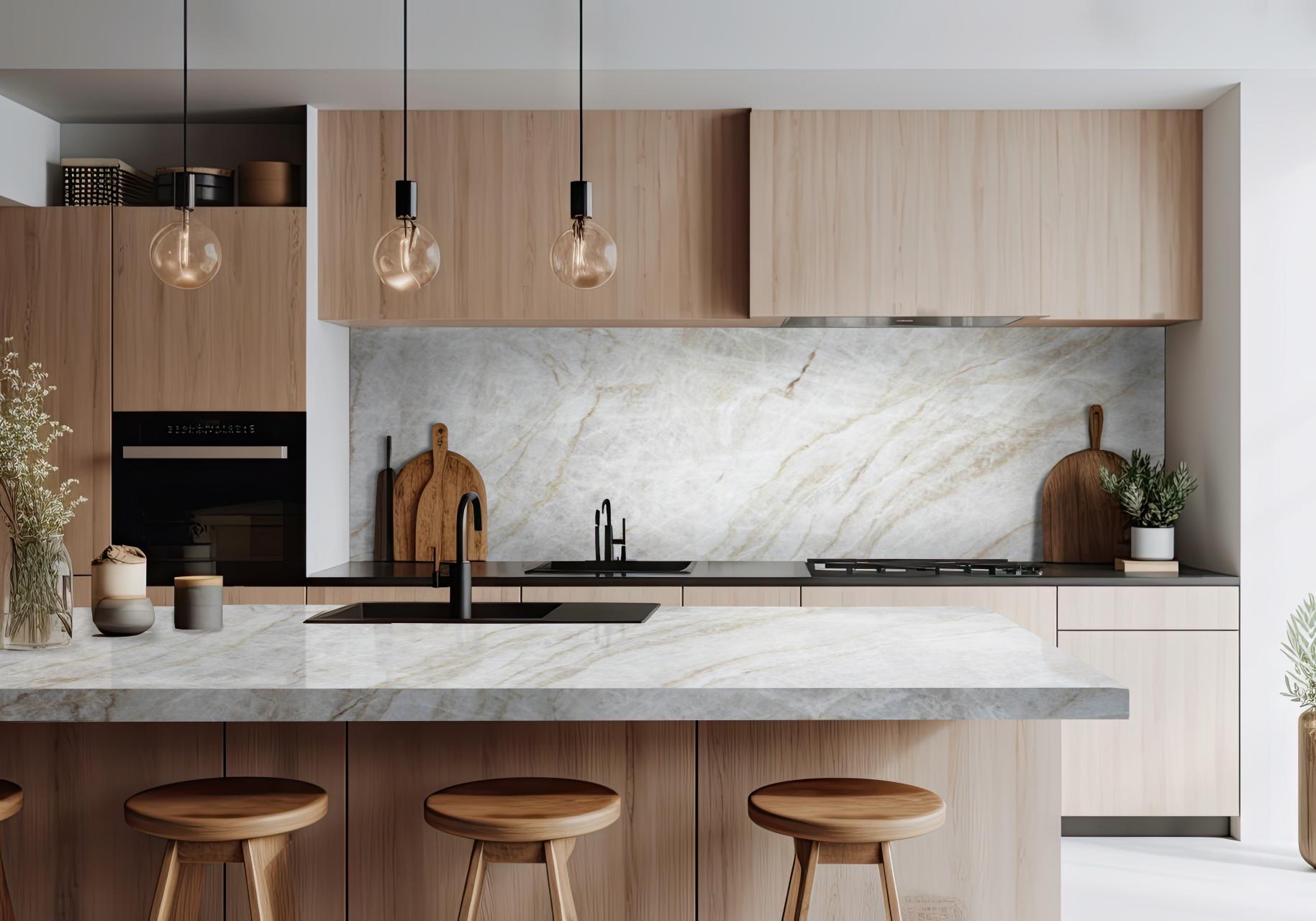 Kitchen with Serenity quartz countertops and cabinetry detail