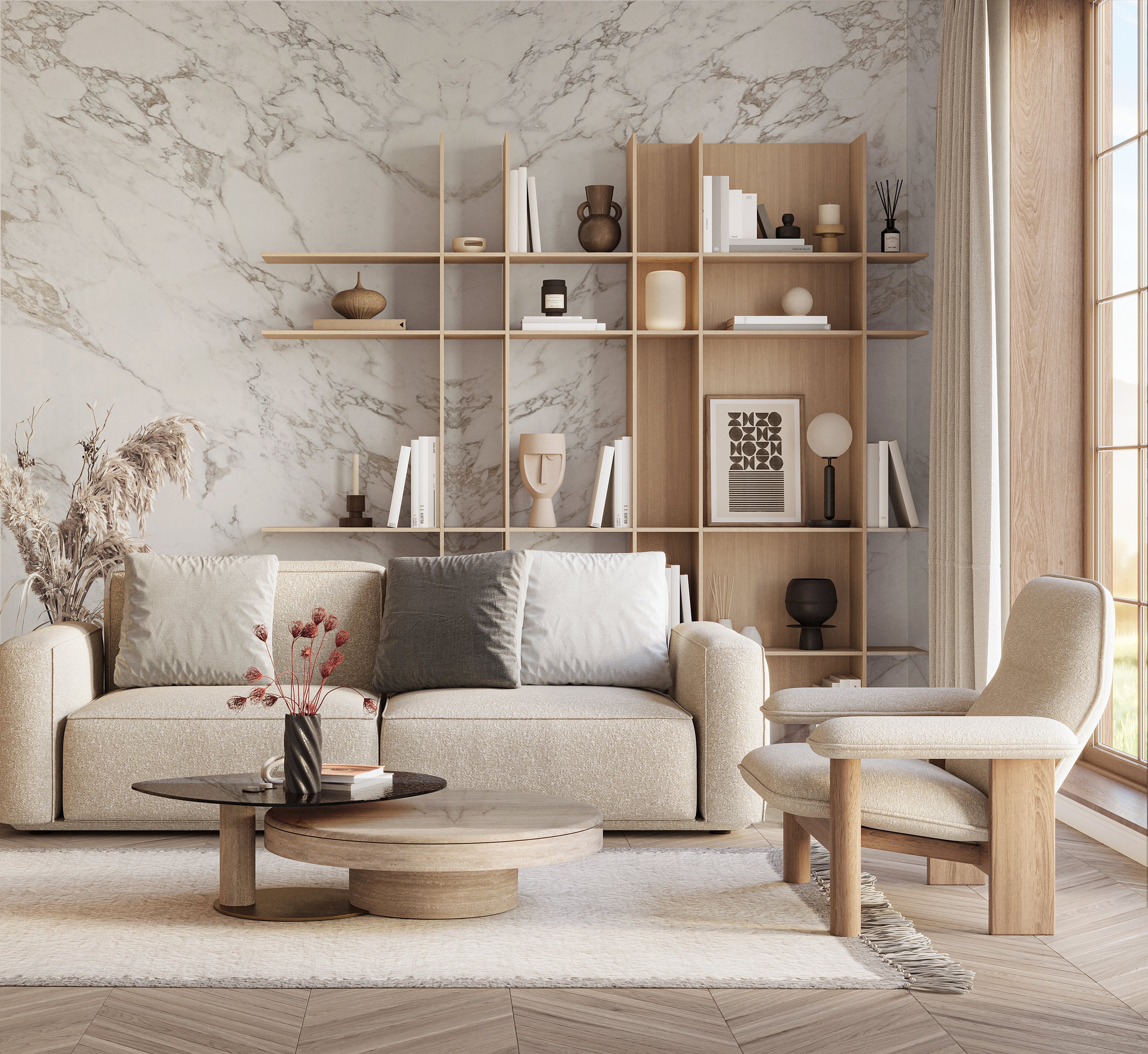 Living room with Calacatta Vagli Gold ultrasoft marble surfaces and warm, luxurious interior design