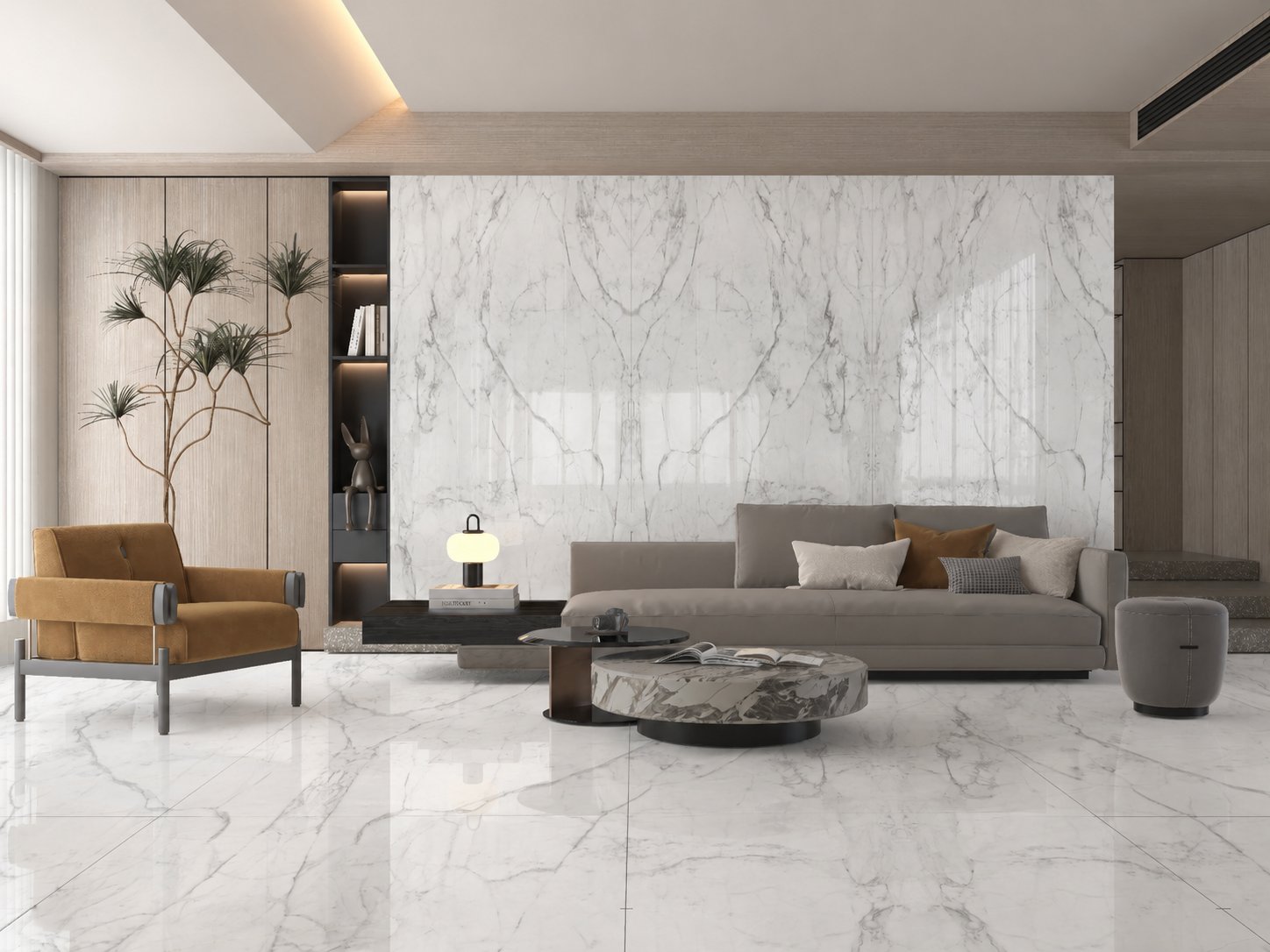 Living room featuring polished Caldia marble flooring and wall cladding with contemporary furnishings