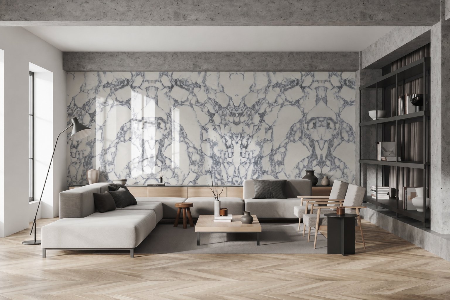 Spacious living room with Monte Corchia marble flooring and wall panels in a modern interior