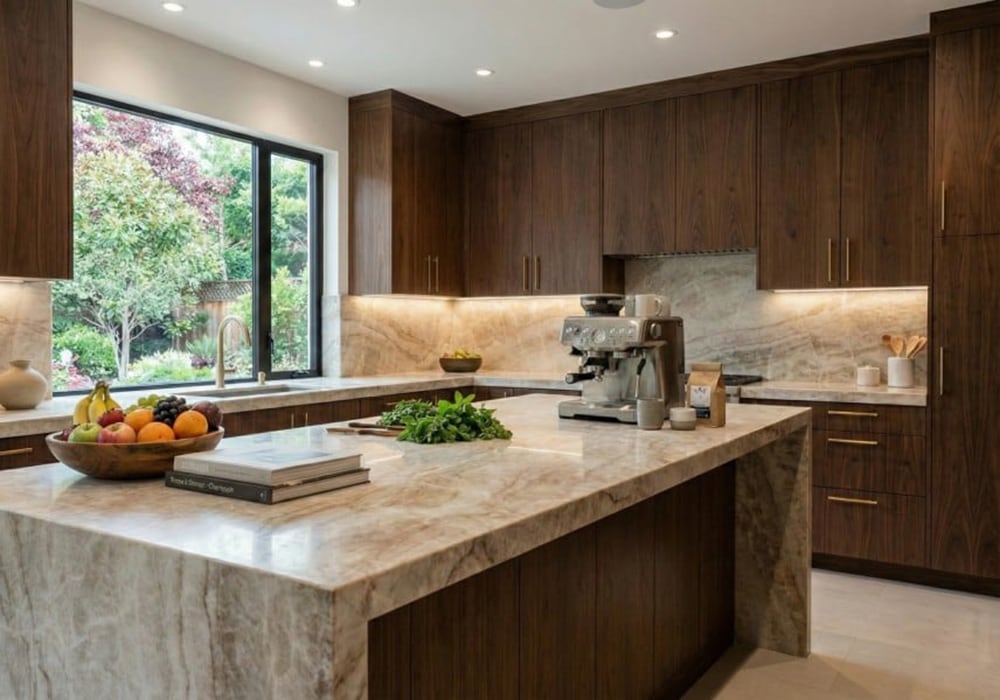 Taj Mahal Supreme polished quartzite slab with creamy white background and soft golden veining