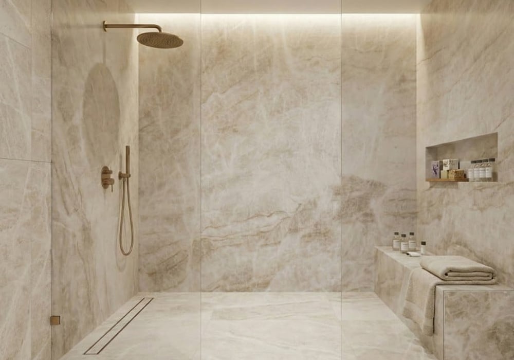 Taj Mahal Supreme polished quartzite slab displaying warm white tones with delicate veining