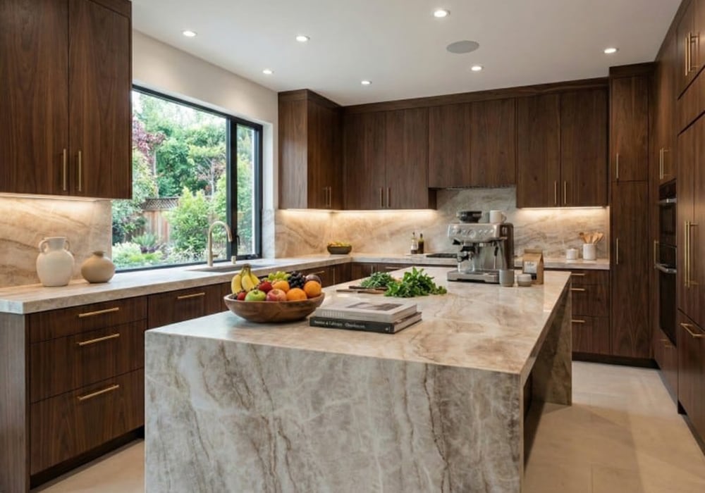 Taj Mahal Supreme polished quartzite slab with soft white and warm golden veining pattern