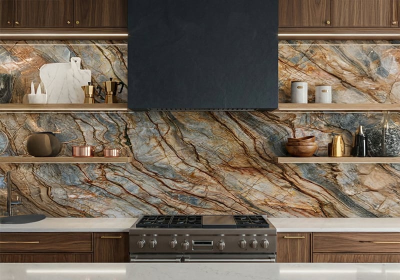 Tempest Blue polished quartzite slab featuring deep blue, grey, and white swirling patterns