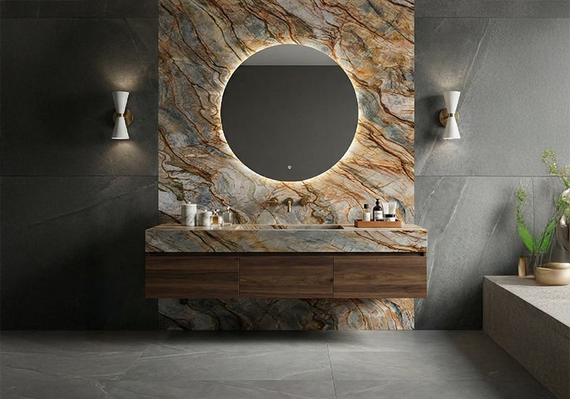 Tempest Blue polished quartzite slab with dramatic blue and grey swirling veining