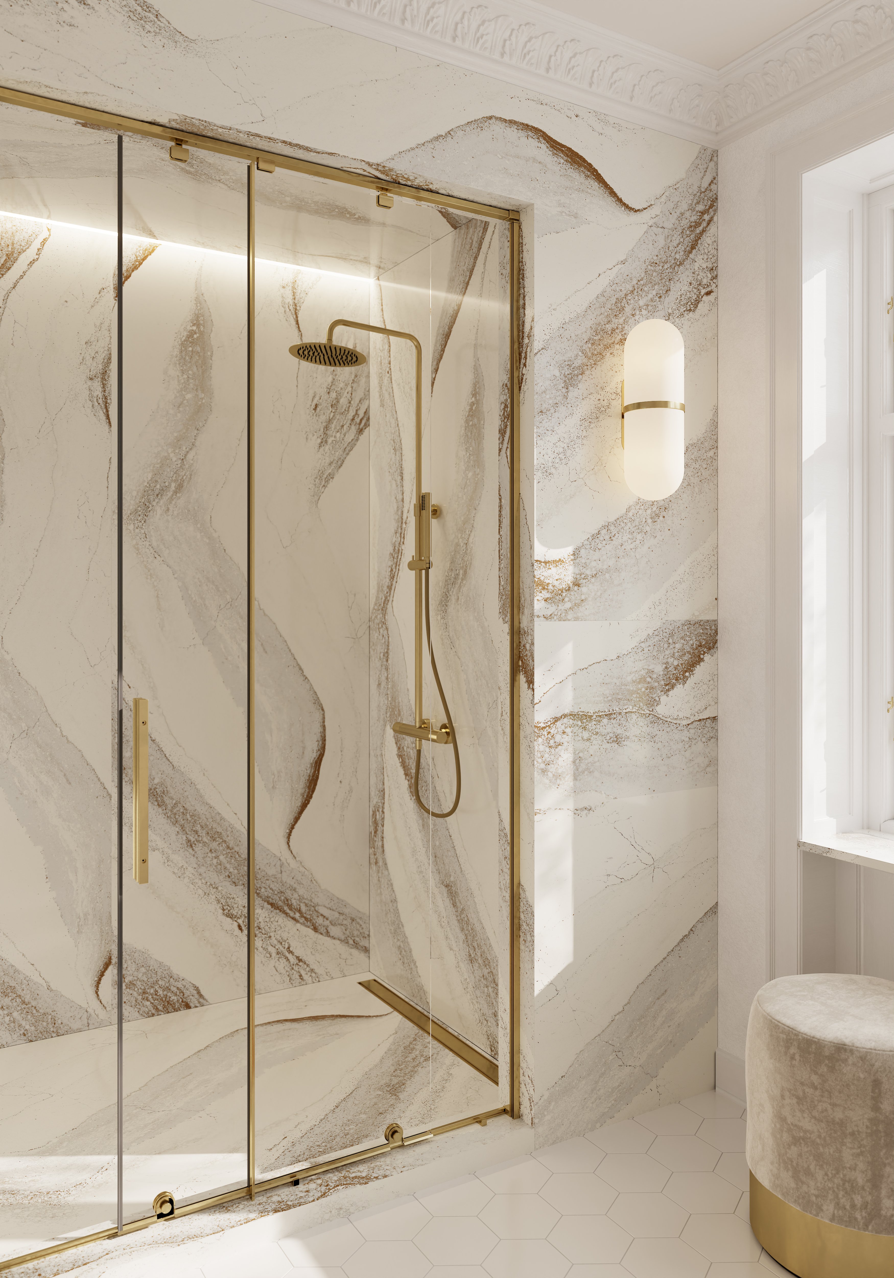 Traditional bathroom with Windsor stone surfaces, brass fixtures, and warm-toned cabinetry