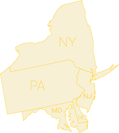 A yellow map of the mid-Atlantic states against a gray background.