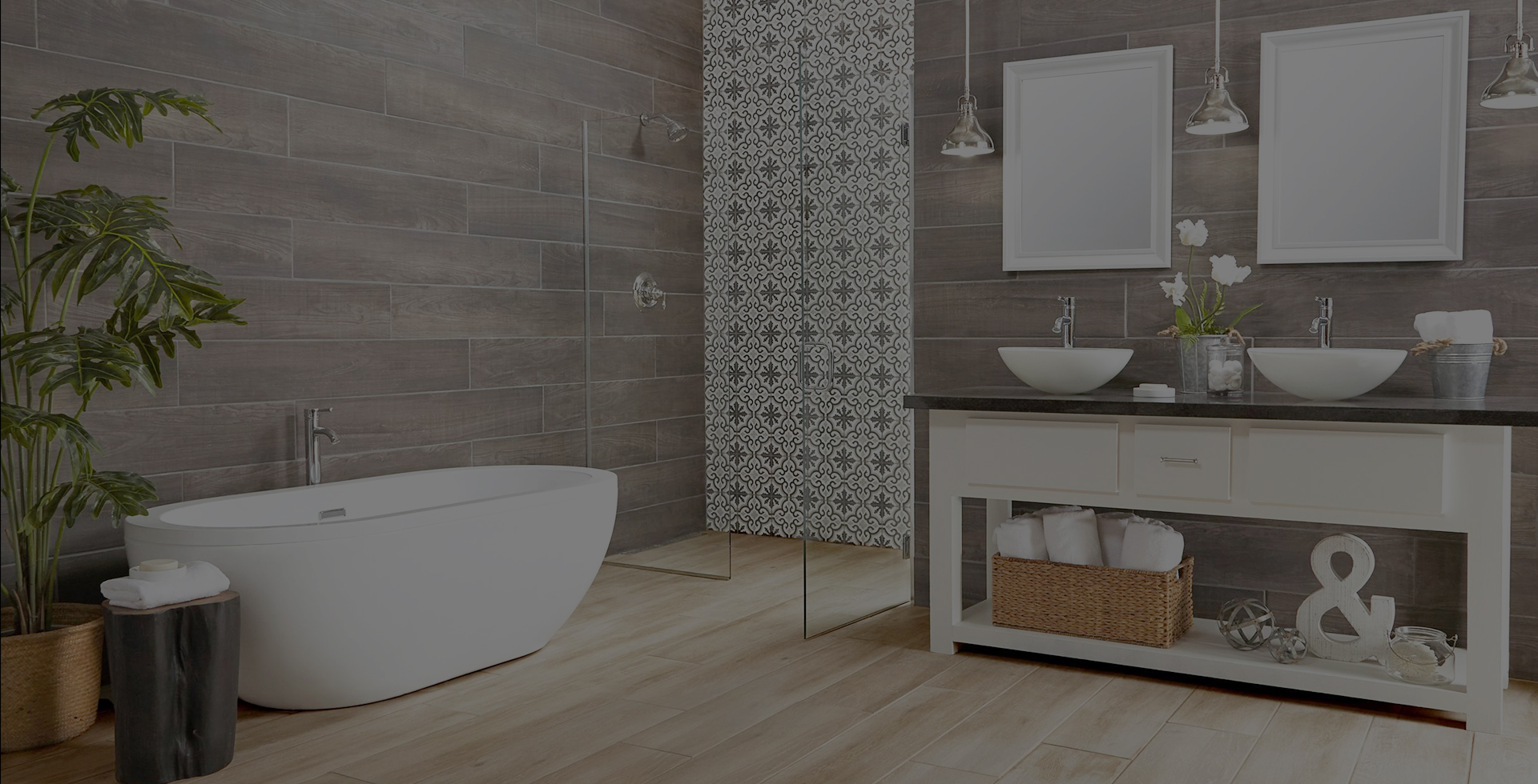 A modern bathroom with wood panel flooring, an open shower, and a bathtub.